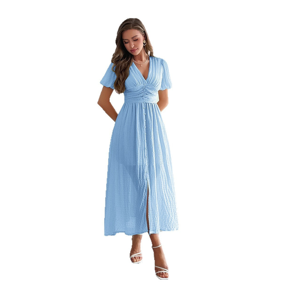 Deep V Short-Sleeve Maxi Dress with Elegant Vacation Flair-Theone Apparel