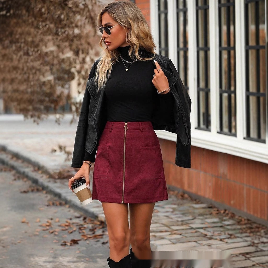 High-Waist Zipper Mini Skirt With Bold Stitched Design-Theone Apparel