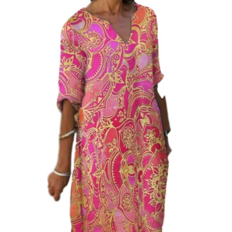 Casual Colorful paisley Inspired Three Quarter Length Sleeve Dress with V-Neck - THEONE APPAREL