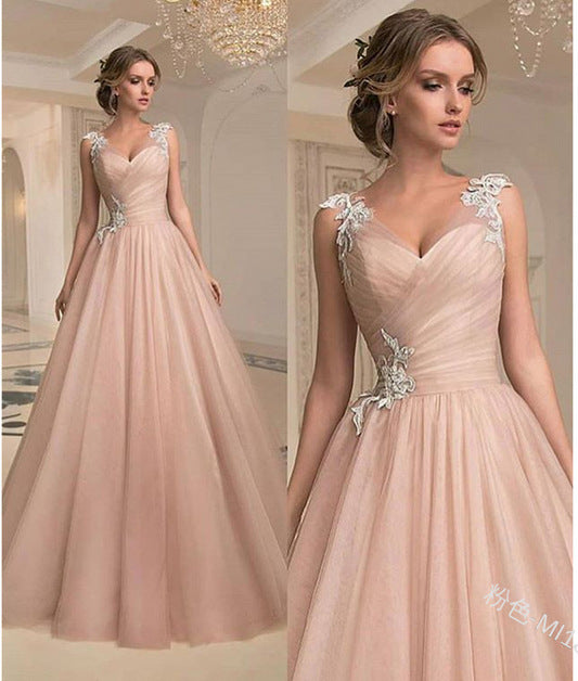 Light Pink Women’s Sleeveless Pastel Ball Gown with Lace Details Front