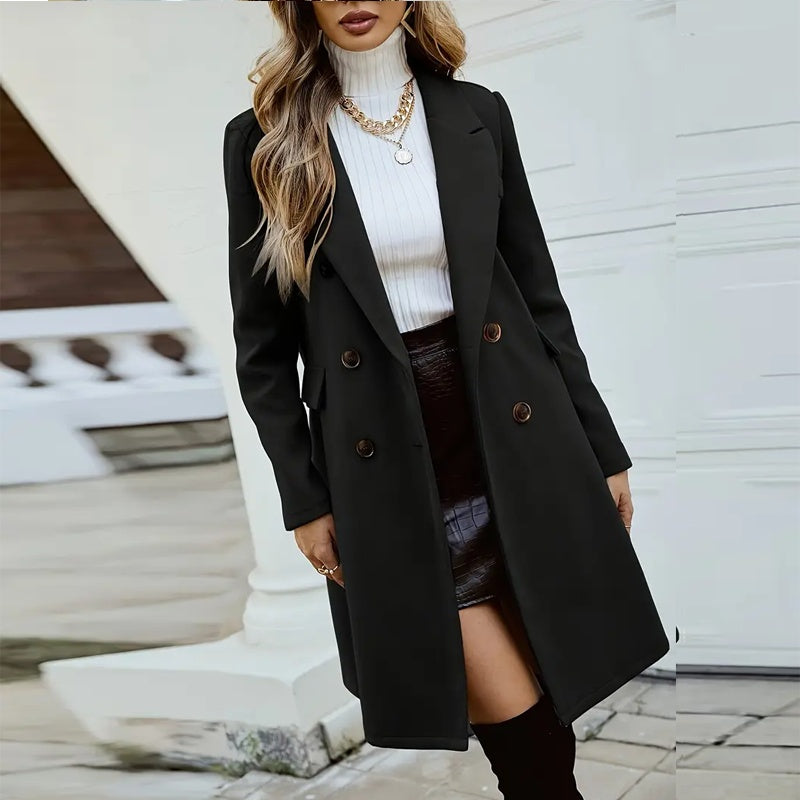 Classic Double Breasted Mid-Length Wool-Like Coat With Notch Lapel