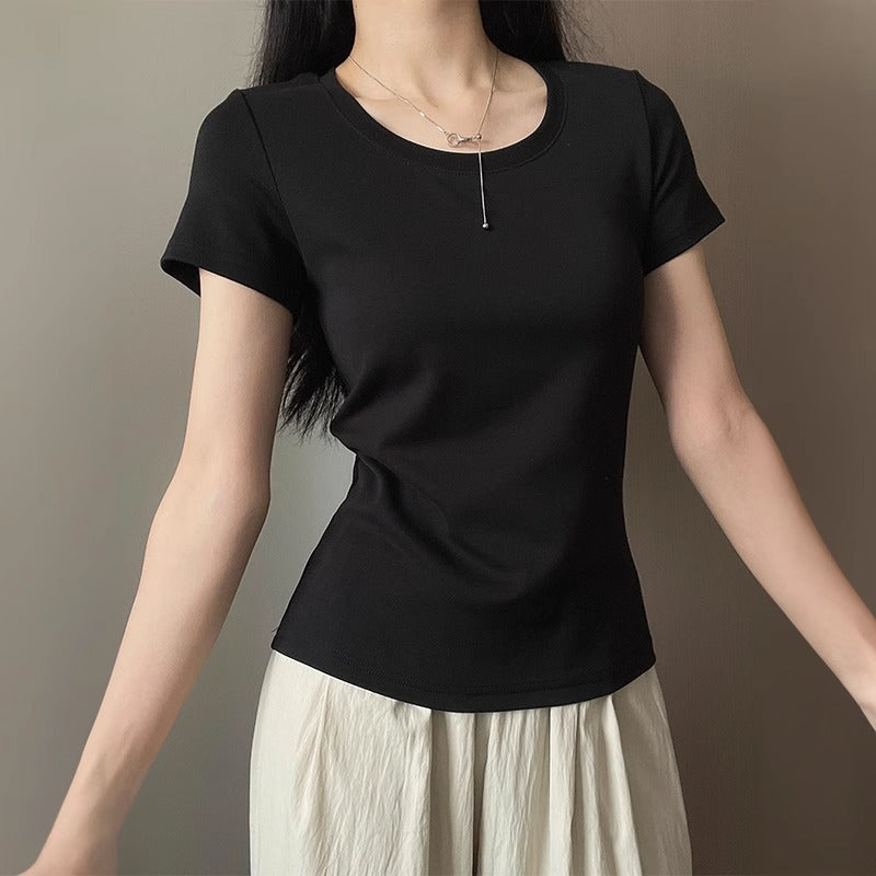 Korean Style U-Neck Cotton Short Sleeve Slim Fit Summer Basic Top