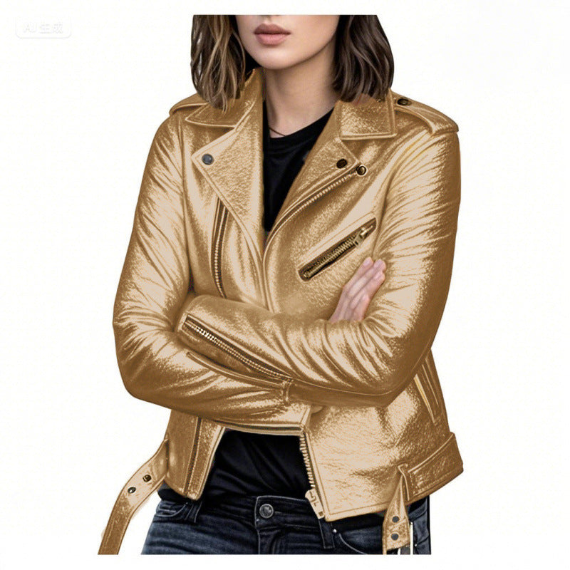 Slim Rivet-Detail Short PU Leather Jacket For Women