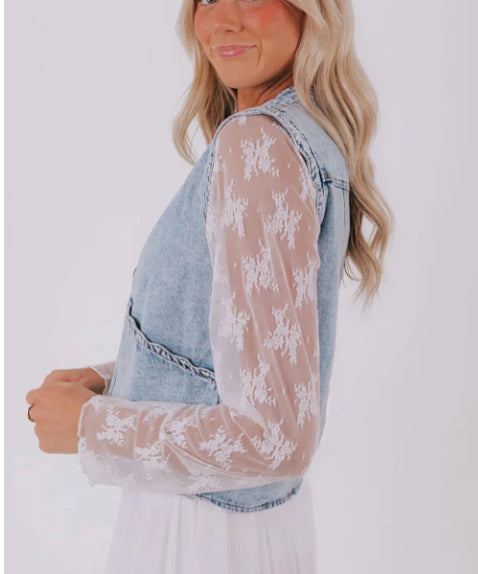 Button-Front Denim Vest With Patch Pockets And Fan-Trim Detail