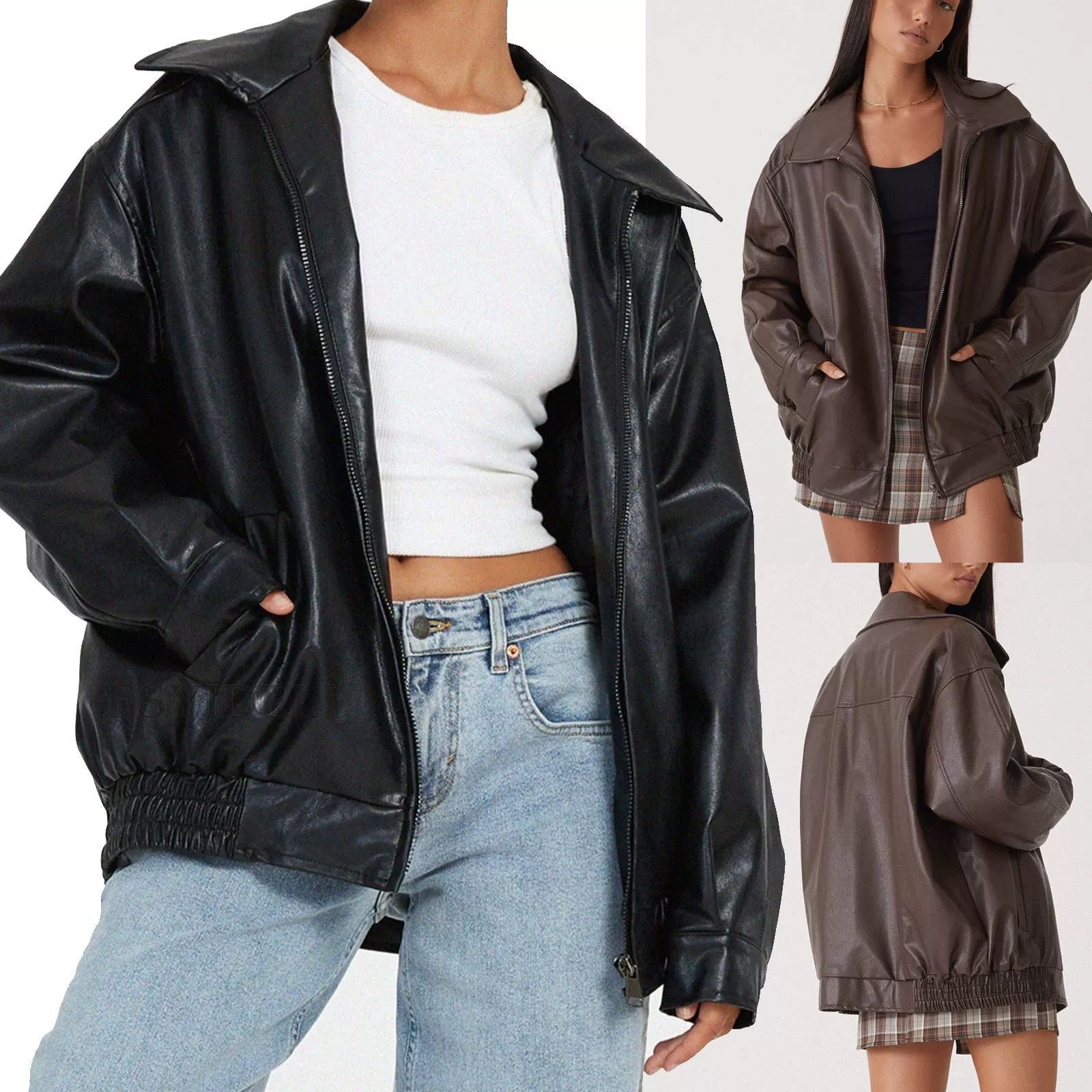 Spring Autumn Locomotive Style Loose Faux Fur Trim Jacket For Women