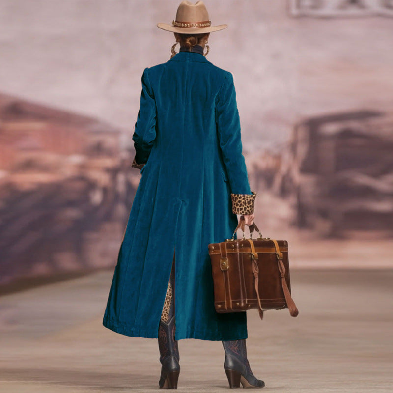 Patchwork Gold Velvet Long Coat With Lace Contrast Panels