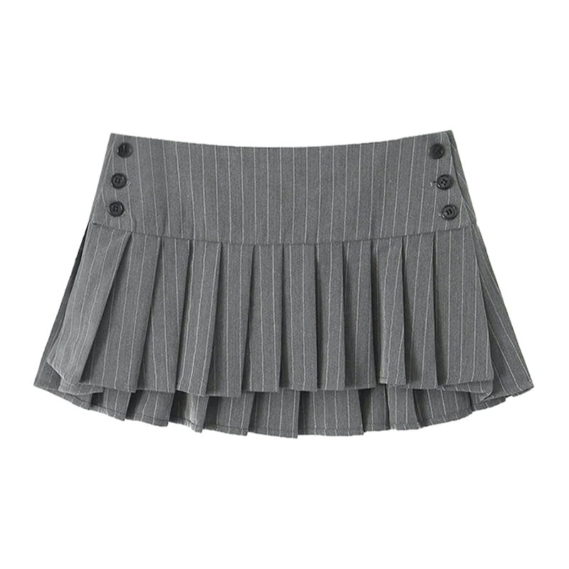 Retro Striped Pleated Skirt Suit With Button Detail Versatile