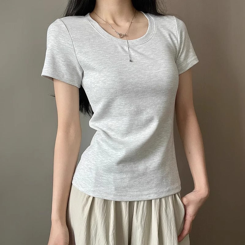 Korean Style U-Neck Cotton Short Sleeve Slim Fit Summer Basic Top