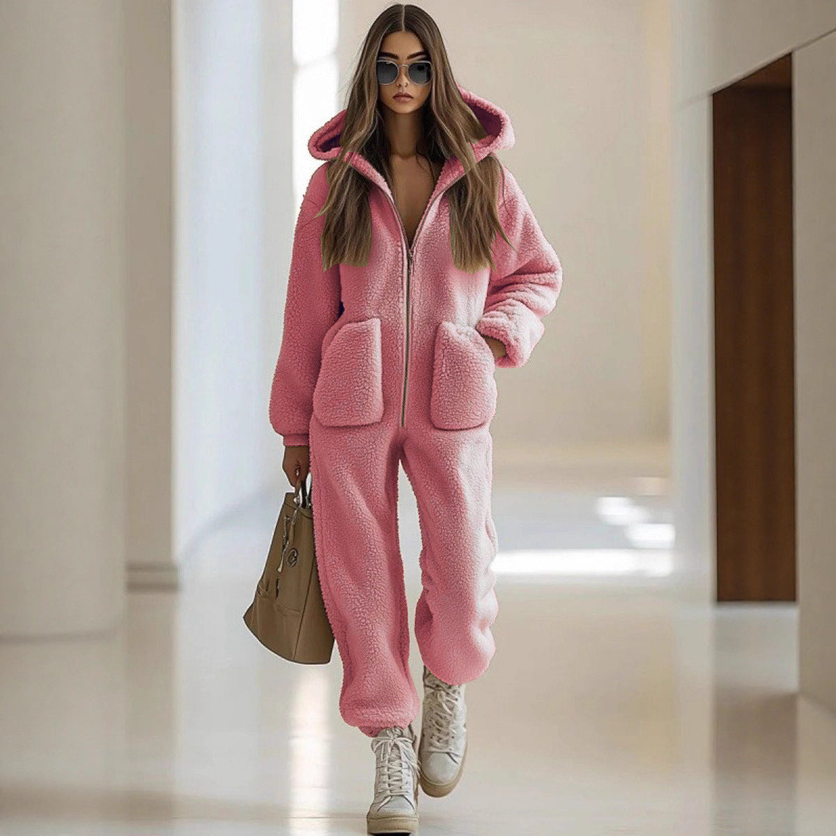 Hooded Plush Jumpsuit With Loose Fit And Cozy Warmth