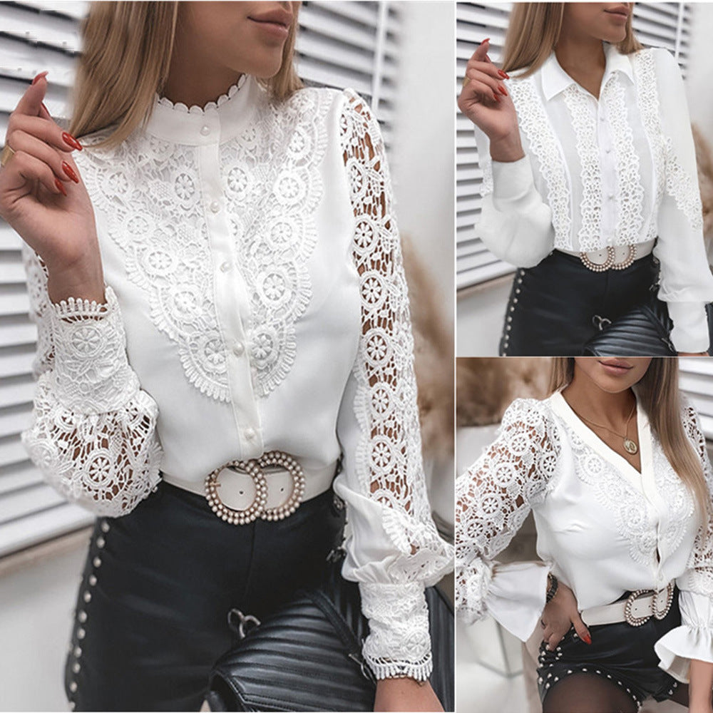 Elegant Lace V-Neck Long Sleeve Slim Fit Cardigan Blouse