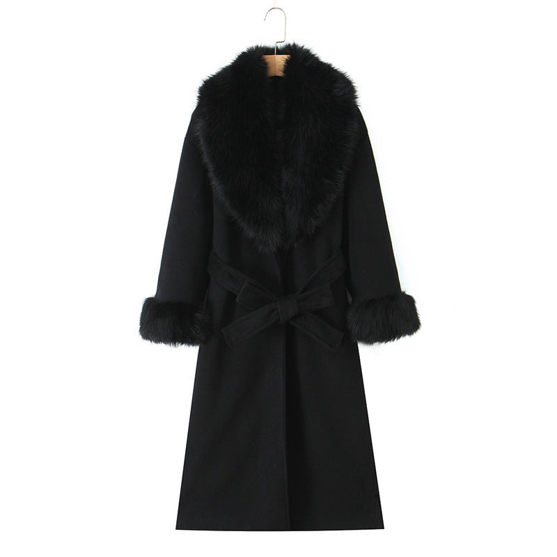 Long Wool Coat With Big Fur Collar And Belt