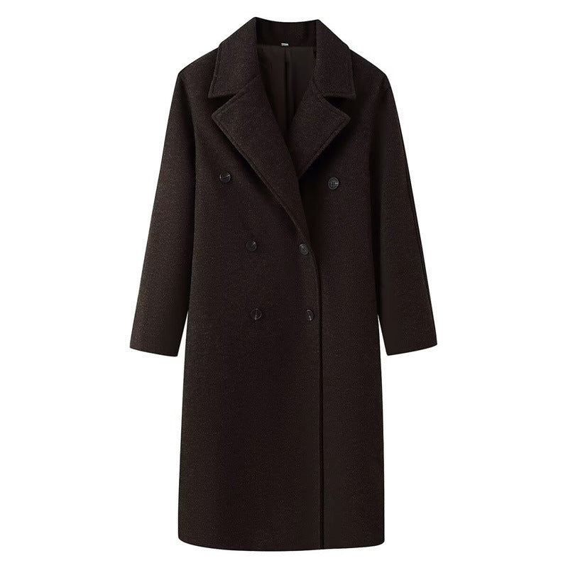 Double Breasted Extended Length Wool Coat With Patchwork Detail