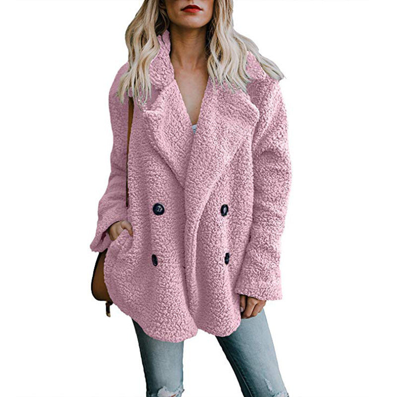 Plush Button Lapel Pocket Coat Women's Autumn Winter Warm Jacket