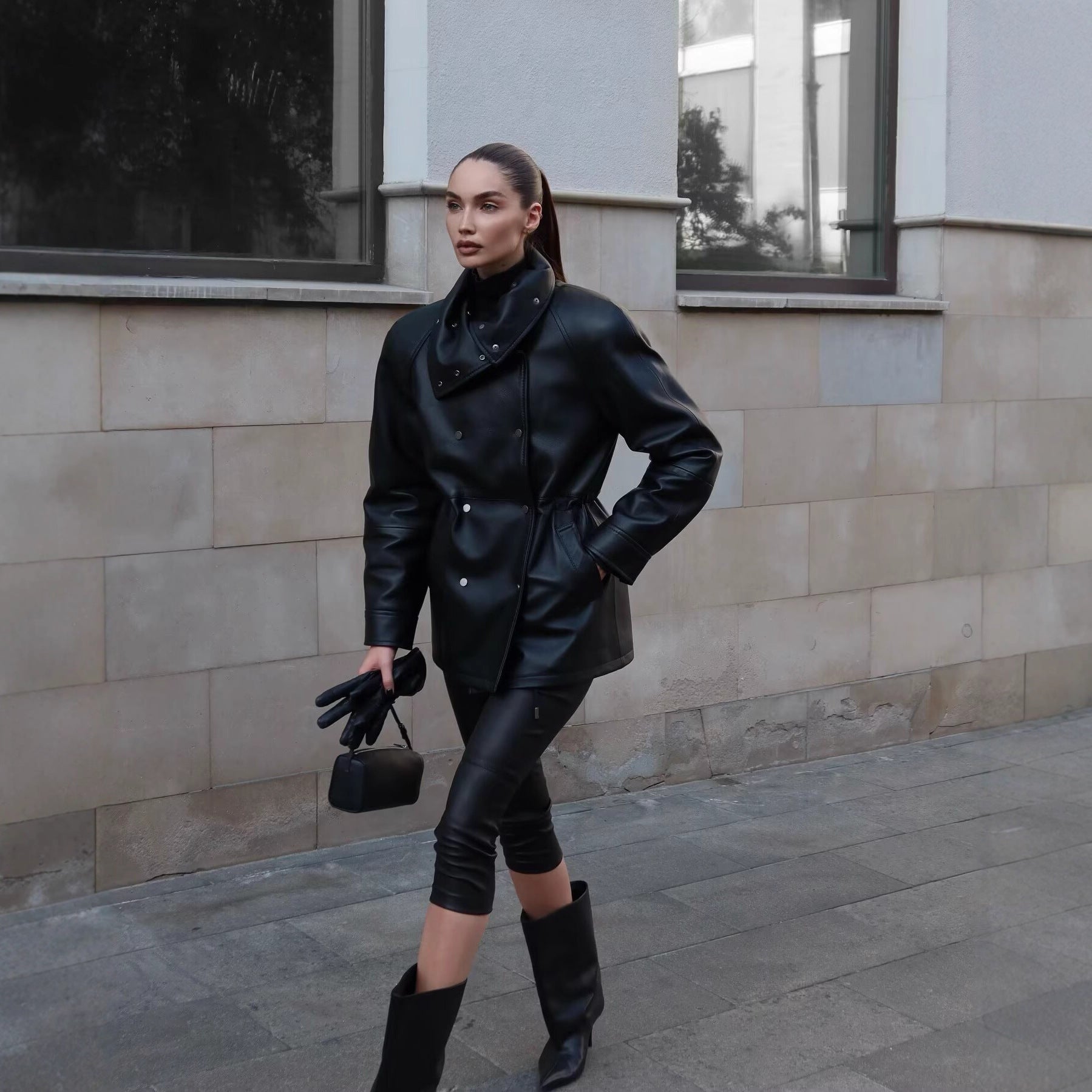Black Mid-Length Faux-Leather Jacket For Women
