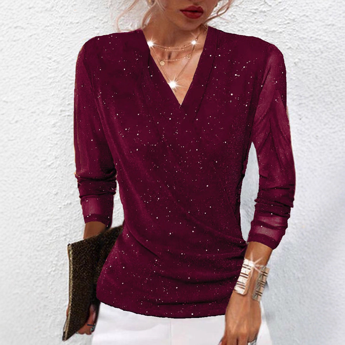 Chic Mesh V Neck Long Sleeve Top For Women