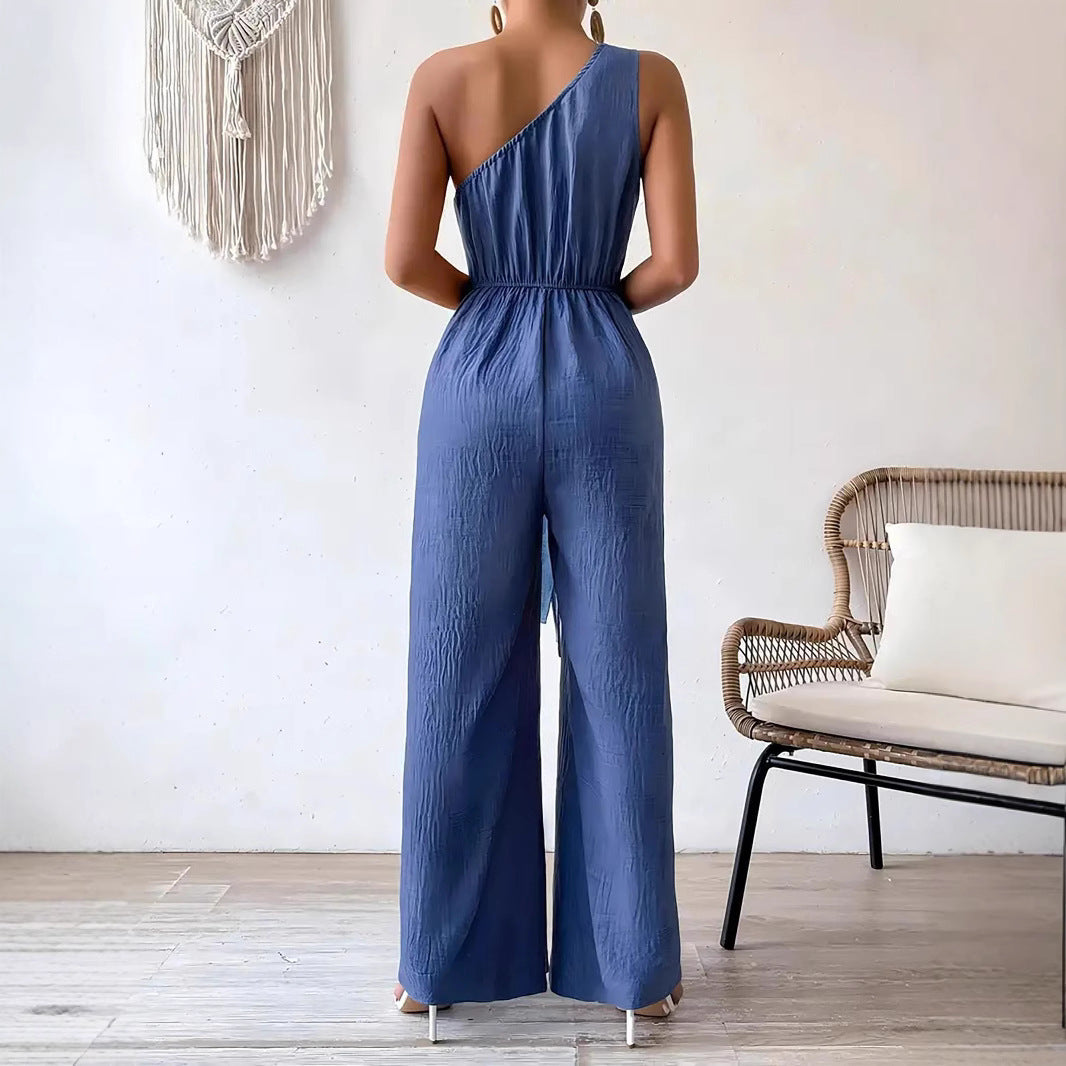 Wide Leg Shoulder Strap Jumpsuit With Adjustable Waist Tie