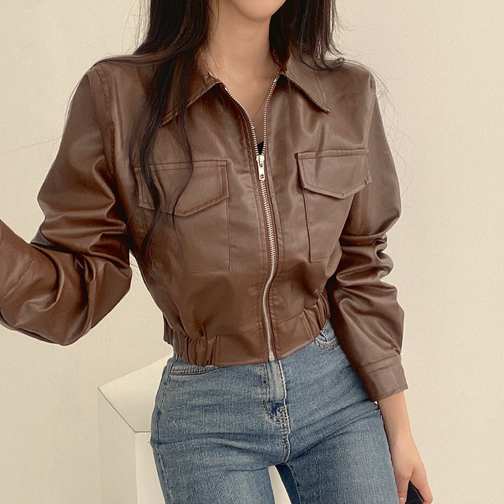 Double Pocket Lapel PU Lapel Coat With Generous Fit