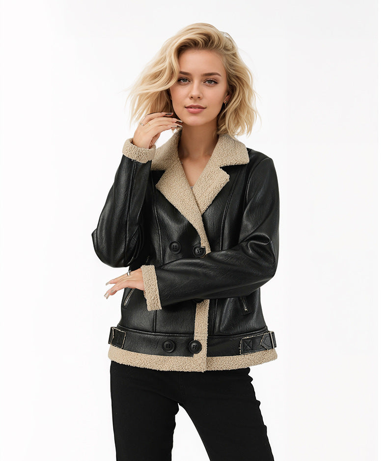 Fleece Padded PU Leather Belted Commuter Coat For Women