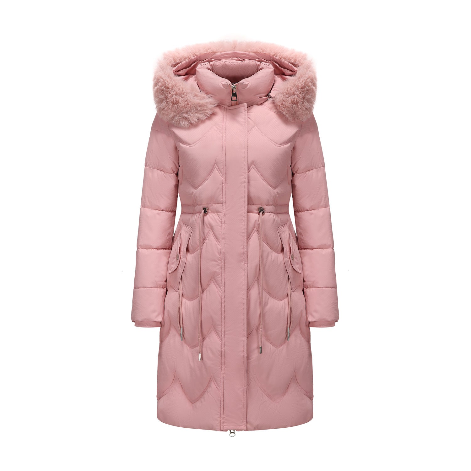 Women's Mid-Length Cotton Coat With Fur Collar And Belt