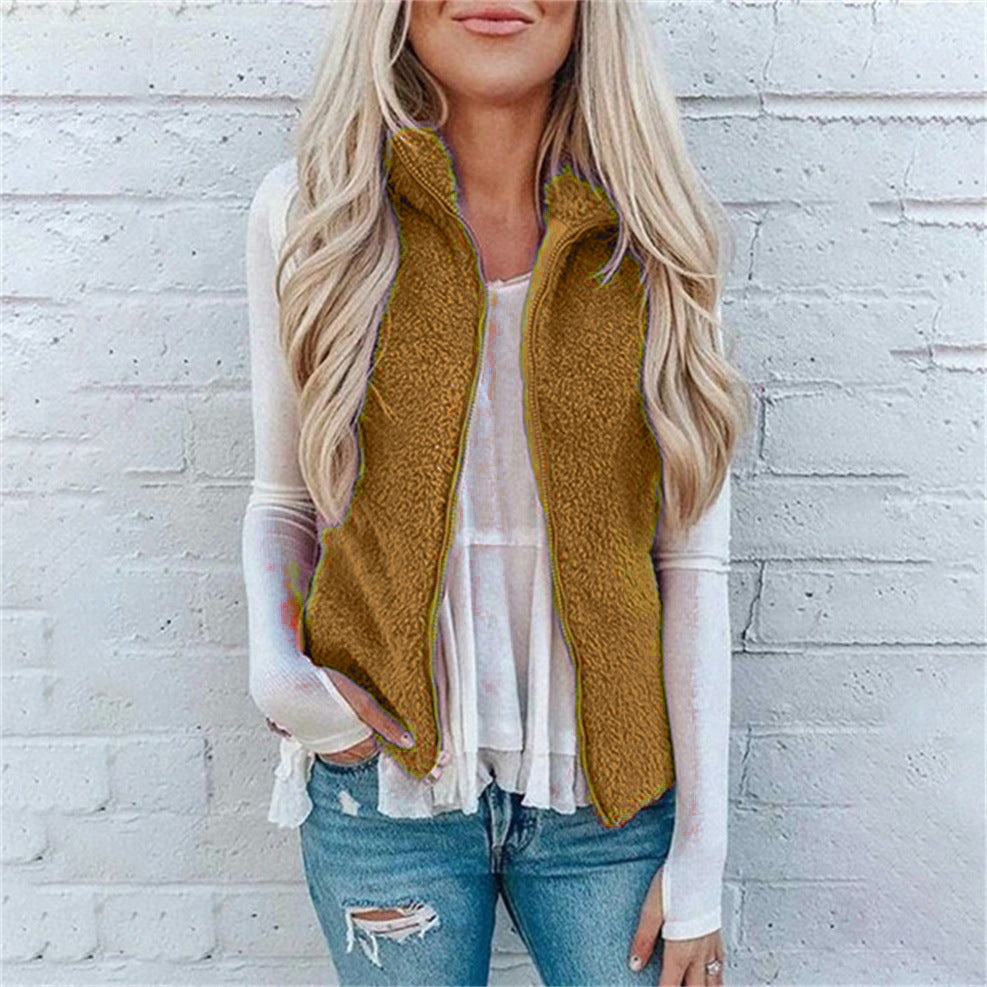 Teddy Plush Zip-Up Loose Fit Warm Pocketed Sleeveless Vest