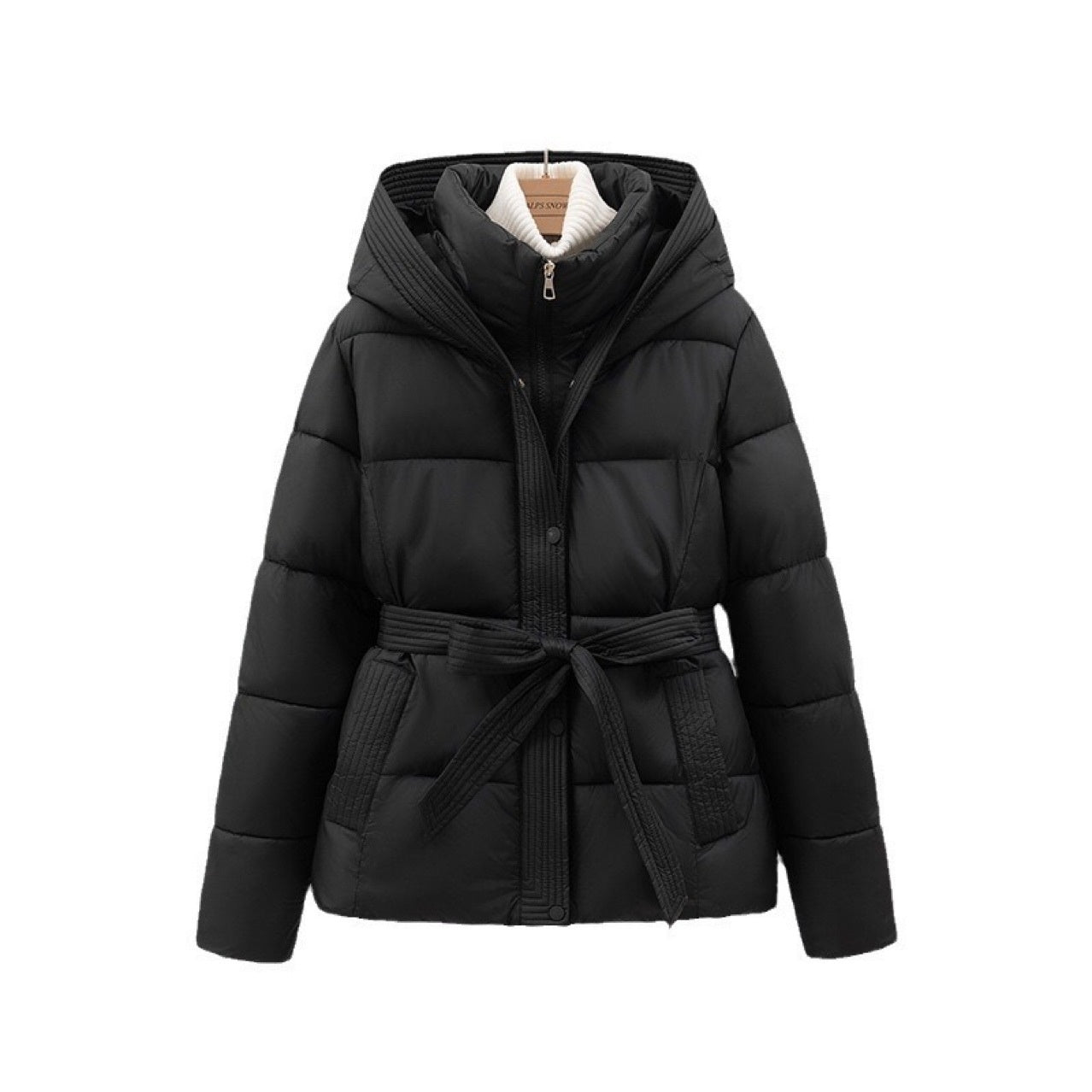 Short Women's Waist-Cinching Hooded Tie-Front Warm Coat