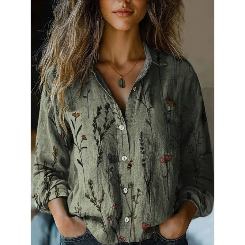 Vintage Retro Print Long Sleeve Lightweight Casual Button Shirt