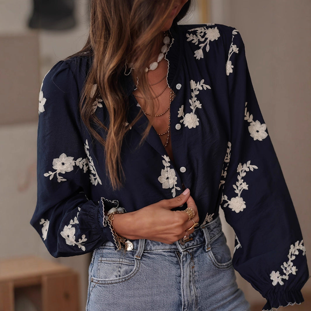 Women's Embroidered Chiffon Long Sleeve Elegant Western Style Blouse
