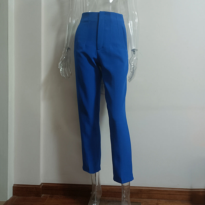 Royal Blue Pleated High Waist Slim Fit Straight Pants