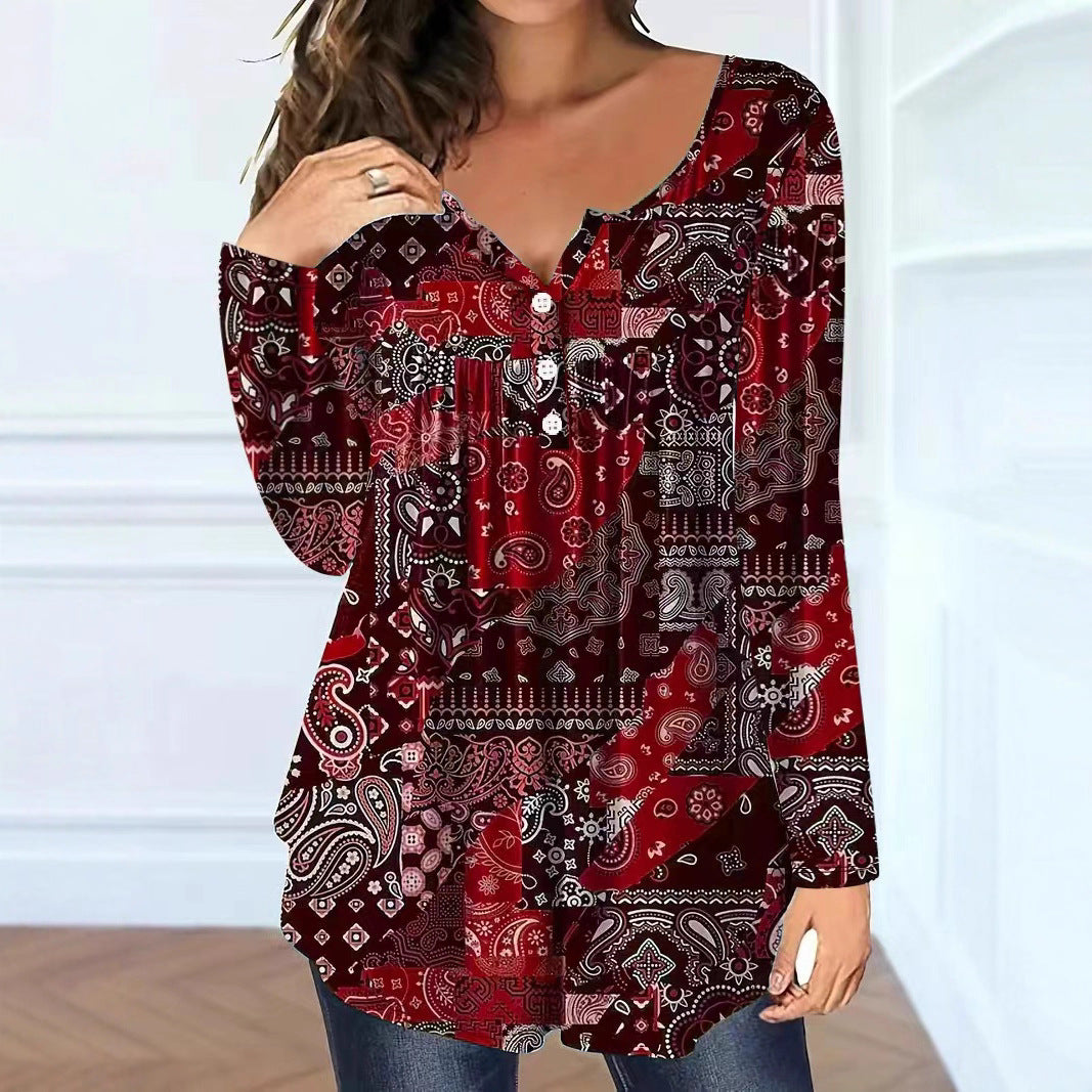 Women's Loose Fit V-Neck Buttoned Long Sleeve Casual T-Shirt
