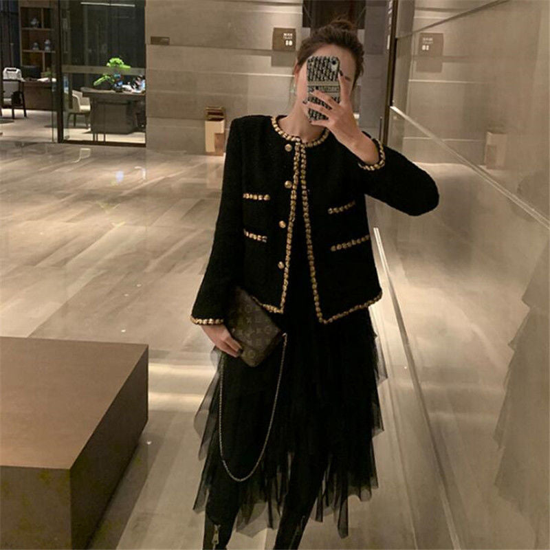 Black Grid Spring-Autumn Jacket For Women