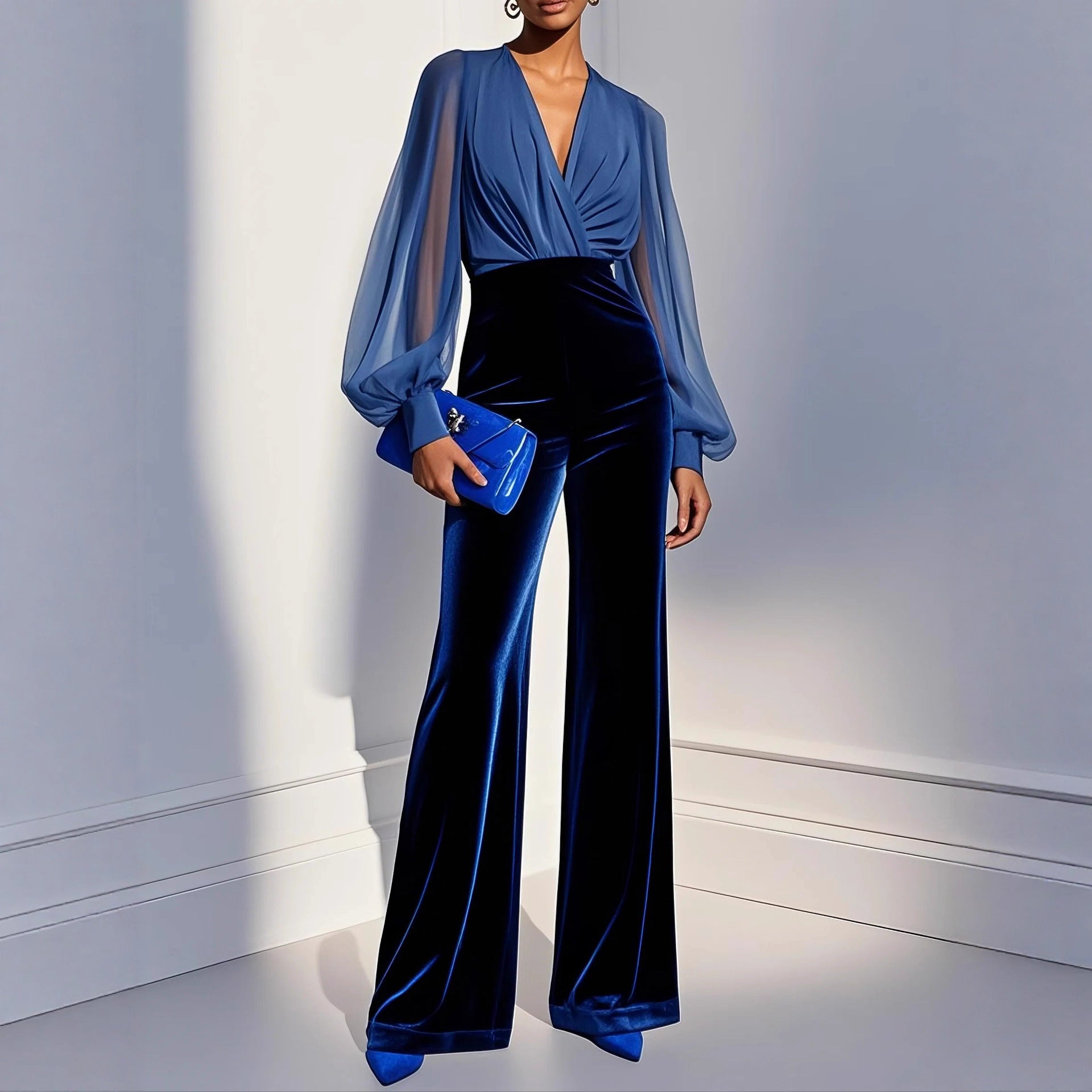 Elegant Velvet Long Sleeve Jumpsuit With Soft Luxurious Finish