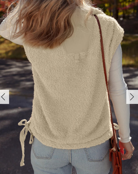 Snap-Front Faux Fur Plush Vest With Side Knot and Pockets