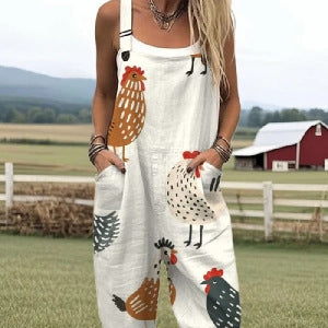 Printed Button Suspender Pants With Relaxed Straight Leg Fit