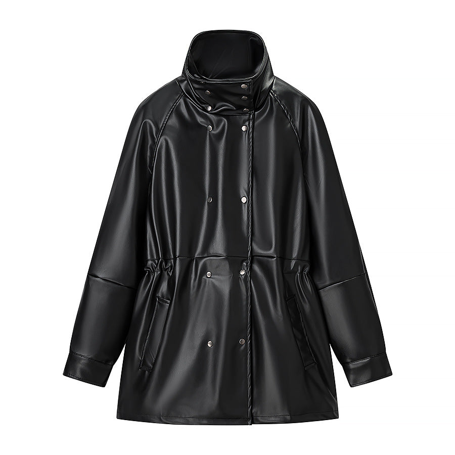 Black Mid-Length Faux-Leather Jacket For Women