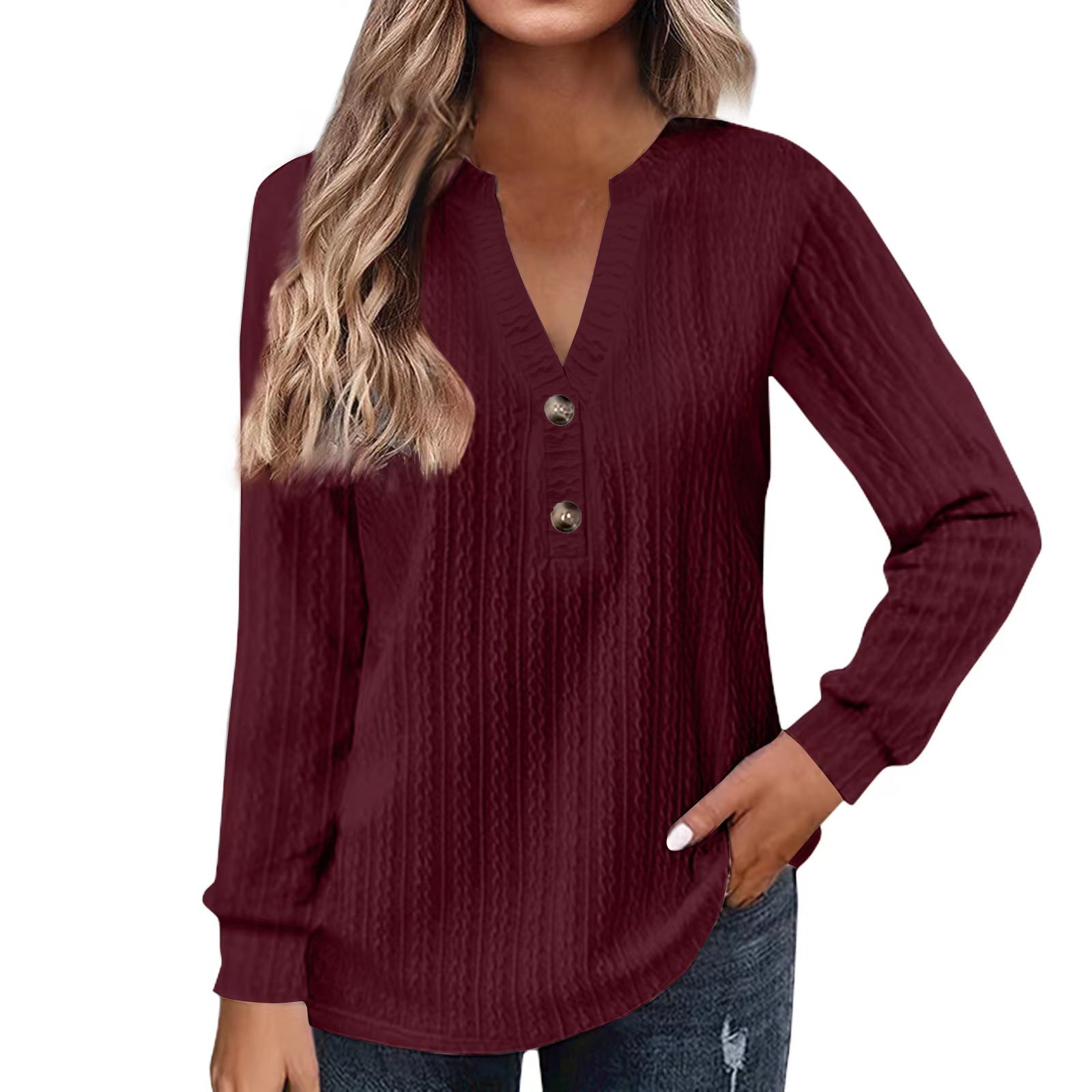 Women's Long Sleeve V-Neck Buttoned Solid Color Casual T-Shirt