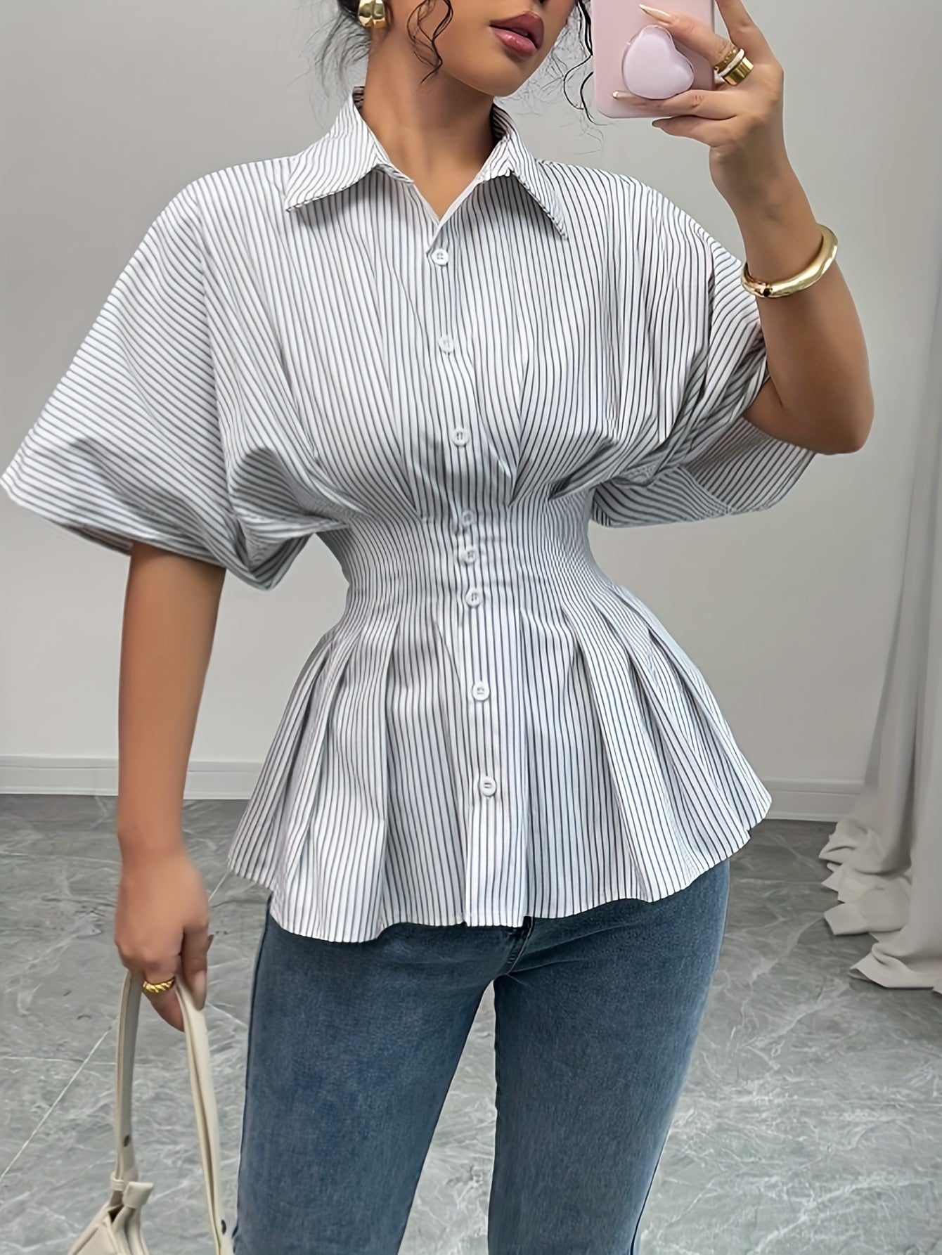 Women's Casual Striped Colorblock Slim-Fit Versatile Buttoned Blouse