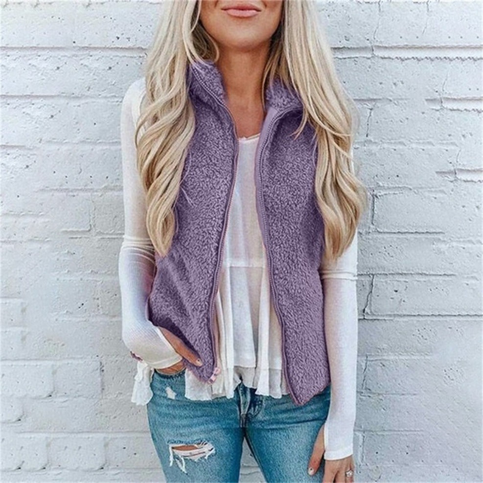 Teddy Plush Zip-Up Loose Fit Warm Pocketed Sleeveless Vest