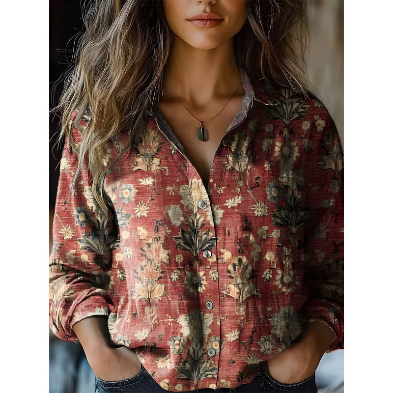 Vintage Retro Print Long Sleeve Lightweight Casual Button Shirt