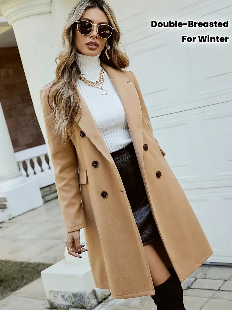 Classic Double Breasted Mid-Length Wool-Like Coat With Notch Lapel