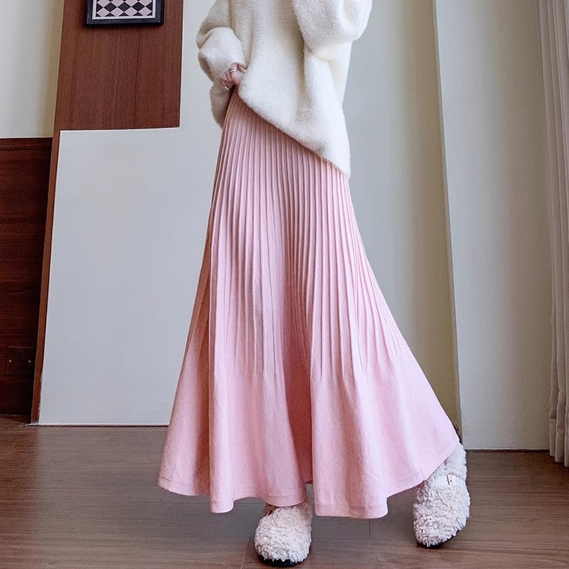 High Waisted Knitted Pleated Midi Skirt For Slimming Fit