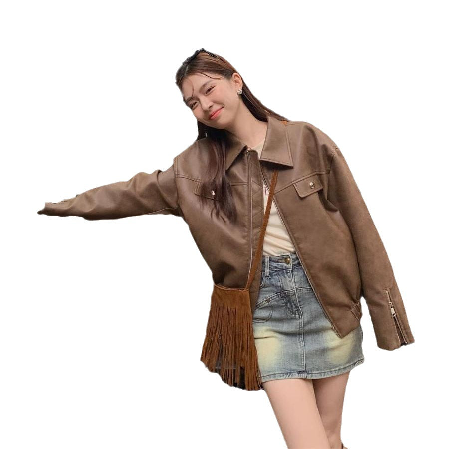 Casual Retro Solid Color Loose PU Leather Coat For Women