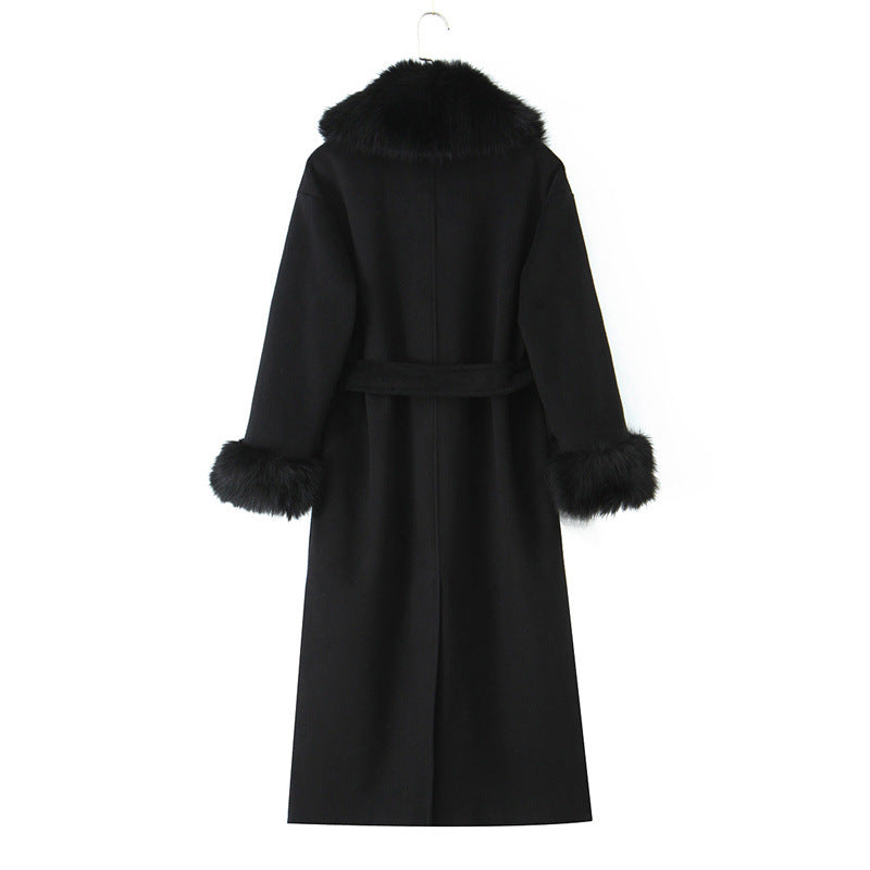 Long Wool Coat With Big Fur Collar And Belt
