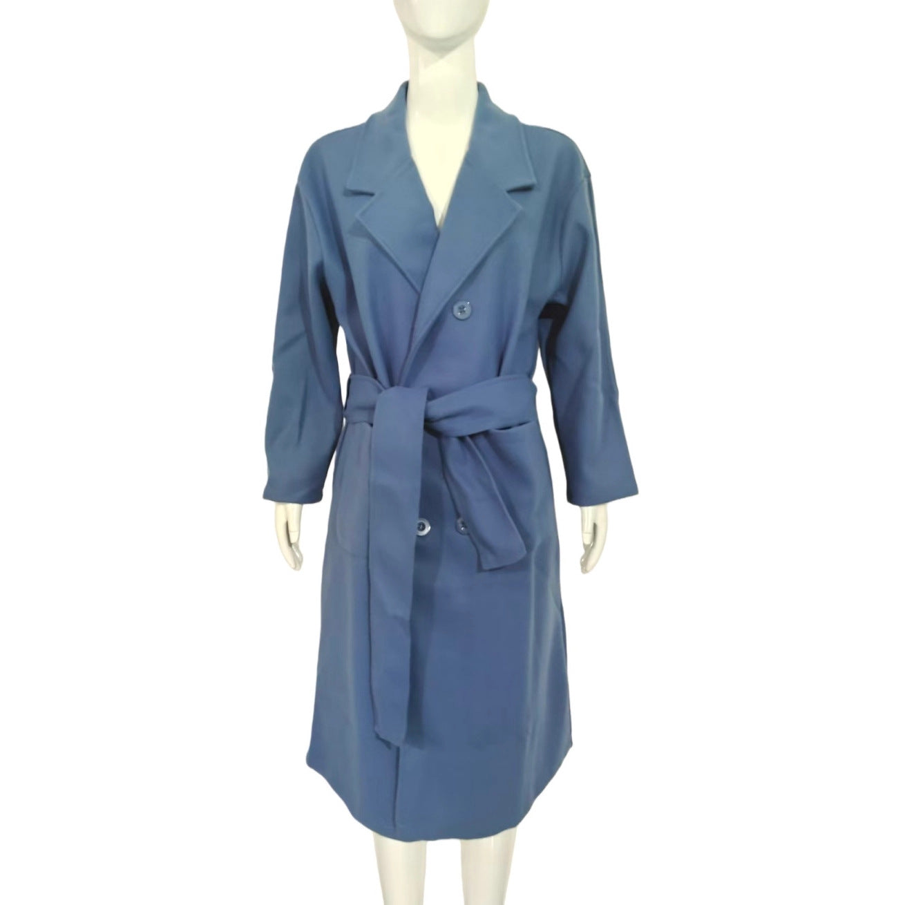 Blue Mid-Length Wool Coat With Waist Tie And Pockets