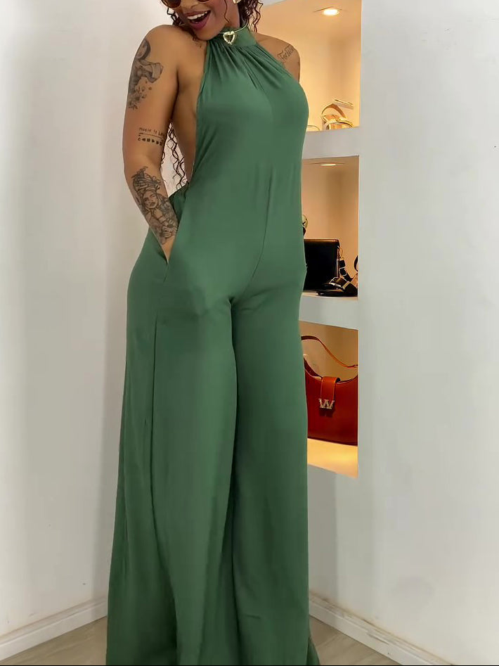 Halter Neck Backless Jumpsuit With Full Length Pants