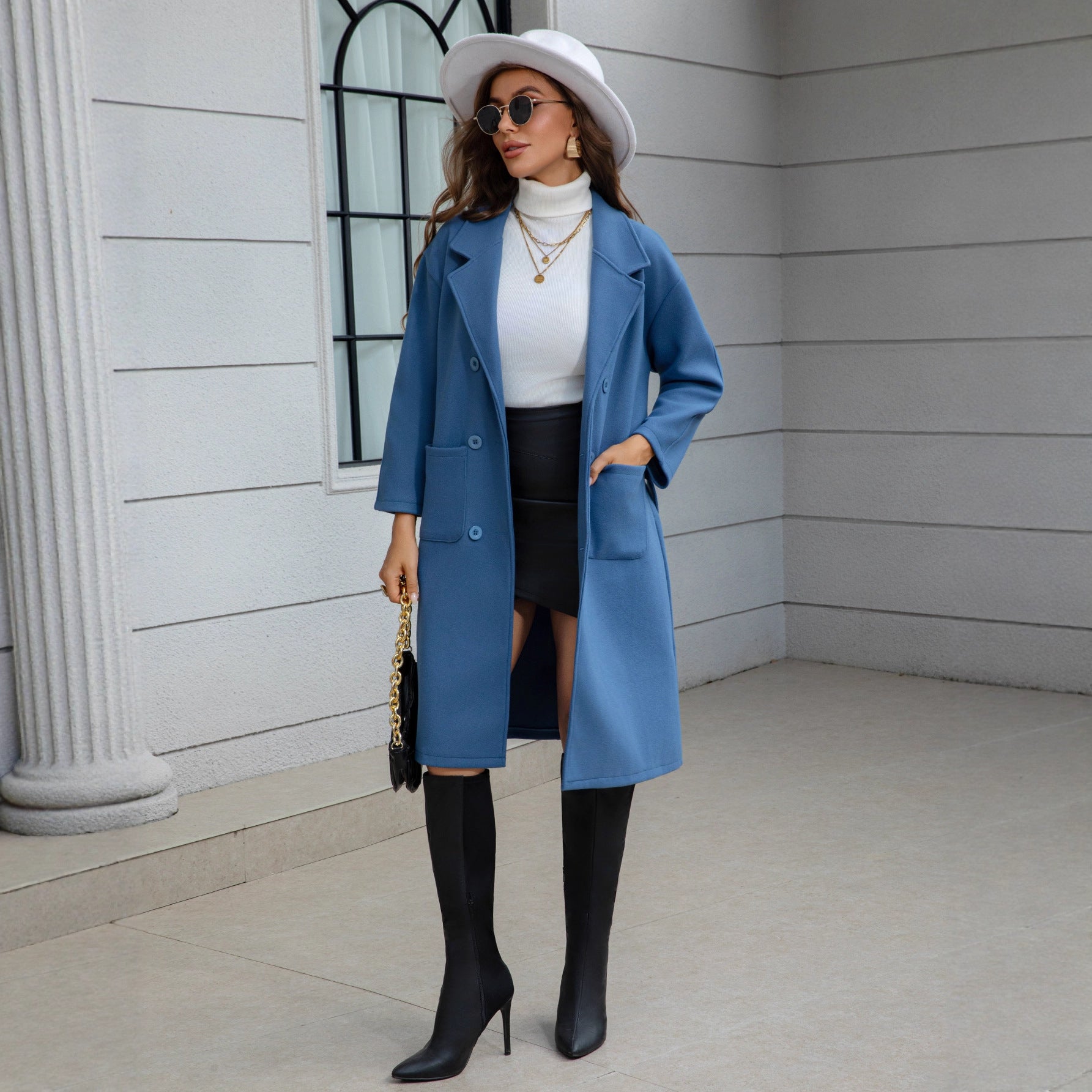 Blue Mid-Length Wool Coat With Waist Tie And Pockets