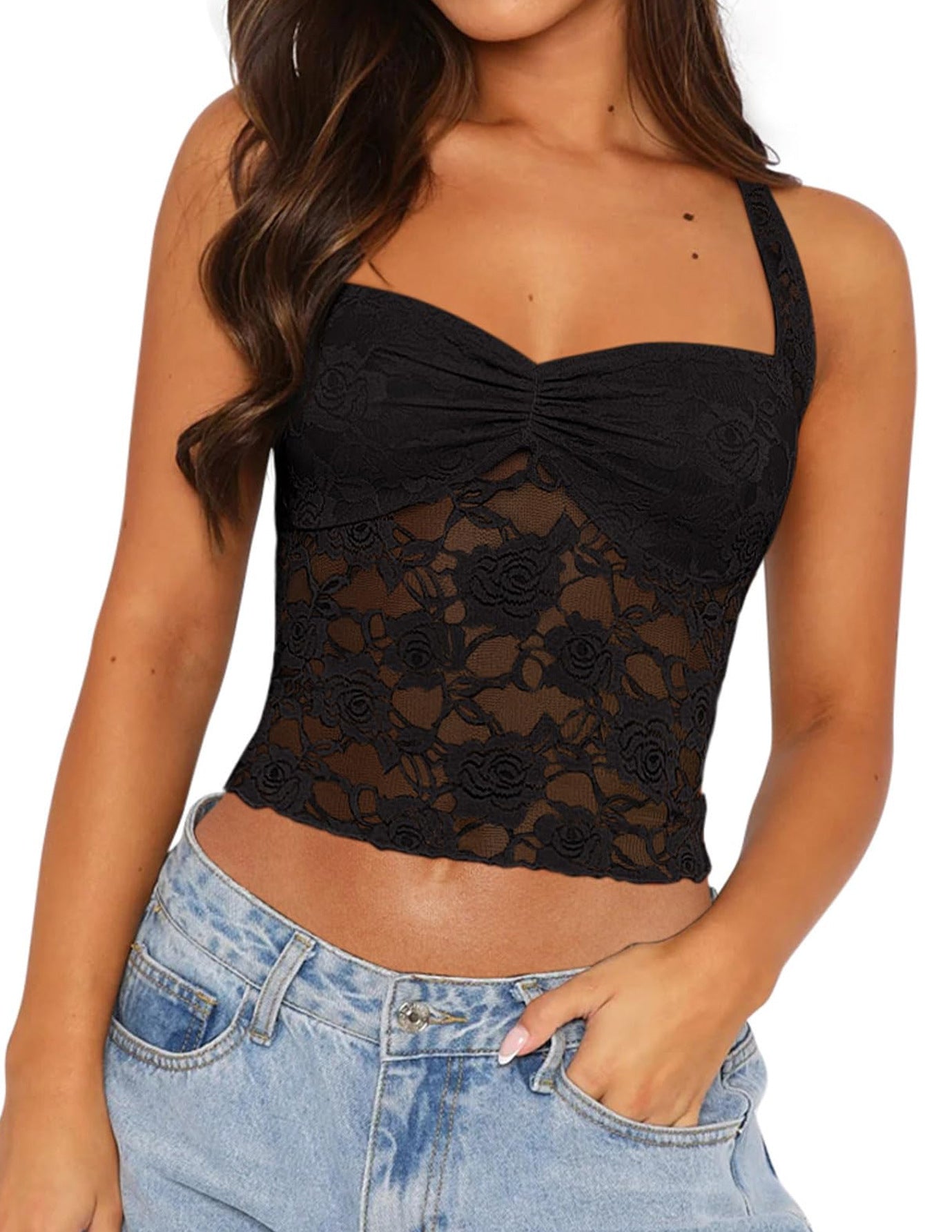 Lace Hollow-Out Slim Fit Sleeveless Strappy Camisole Top