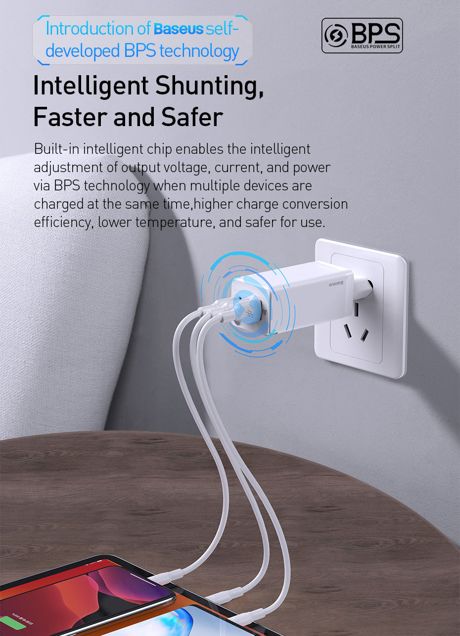 65W Triple-Port Fast Charger With Type?C And USB Outputs