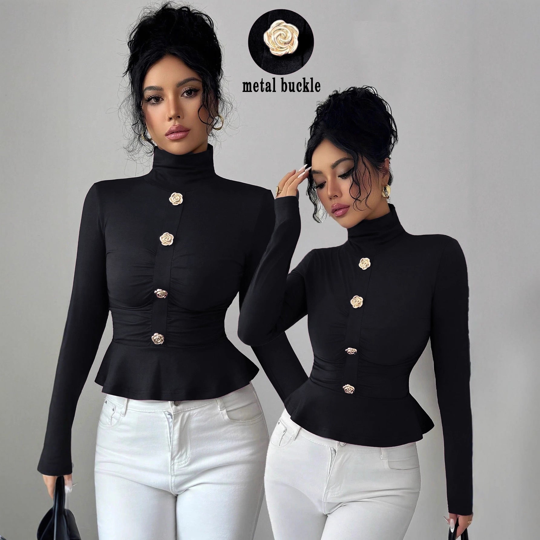High Neck Pleated Slim Fit Long Sleeve Elegant Autumn Winter Top