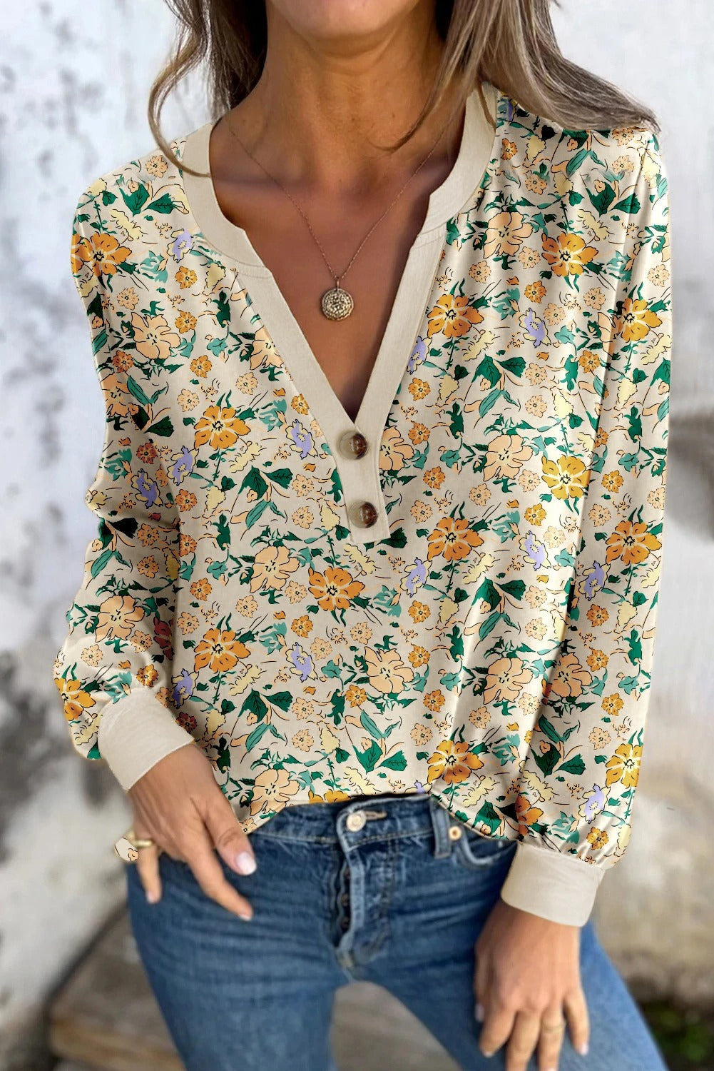 Floral Print V Neck Long Sleeve Top For Women