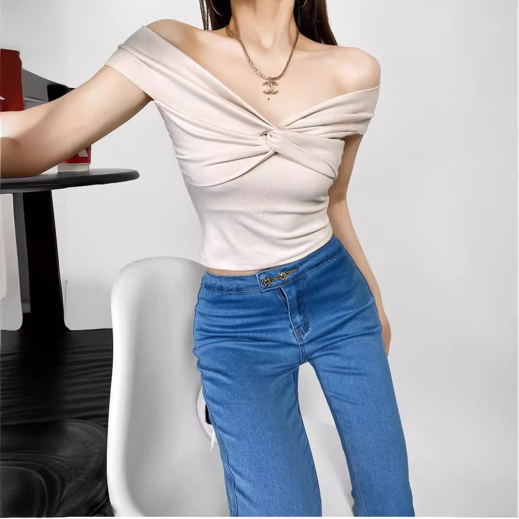 Pleated Twisted Layered Short Sleeve Stretch Top For Casual Outfits